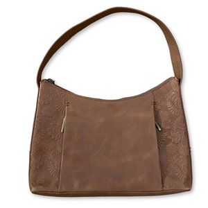 The Sak Cognac Color Floral Embossed Leather Shoulder Handbag Purse